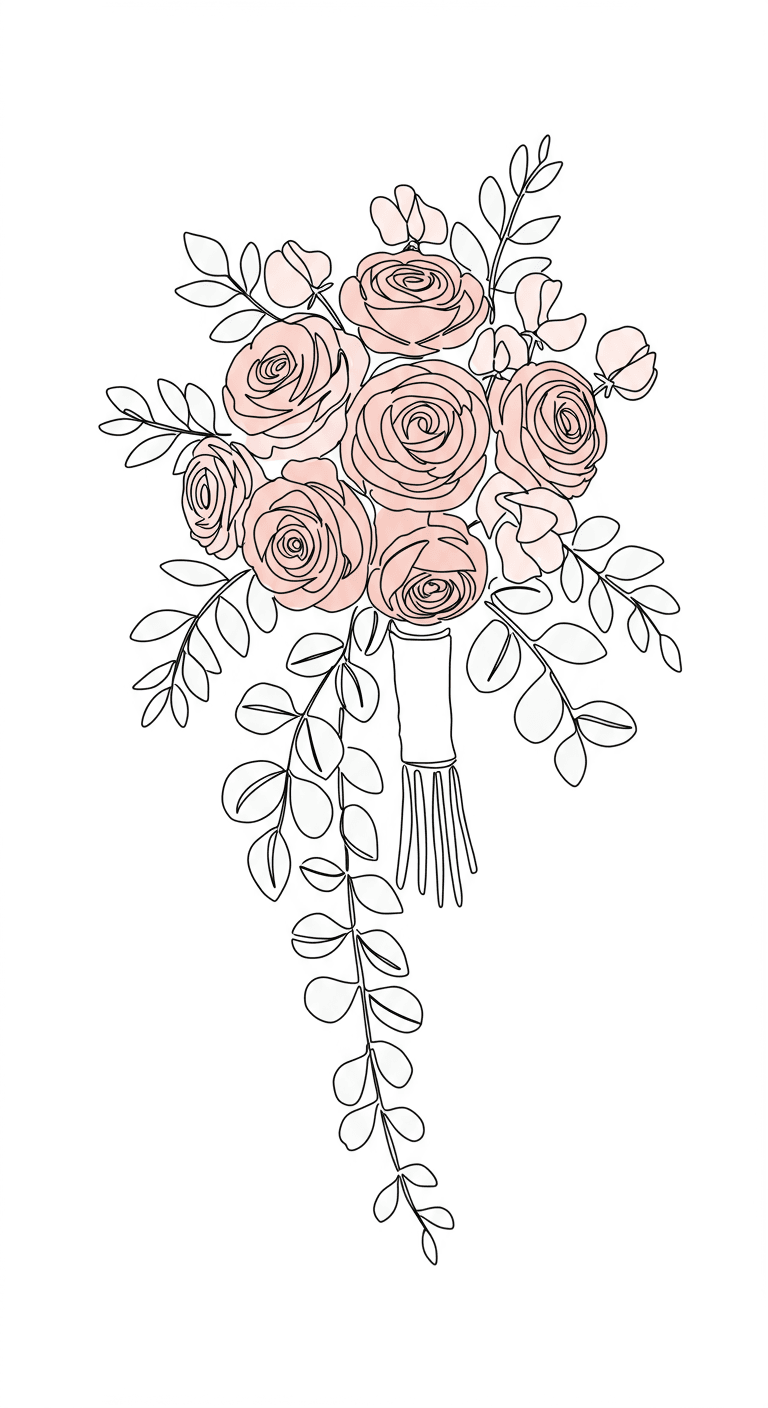 Hand-drawn line art illustration of a soft blush bridal bouquet