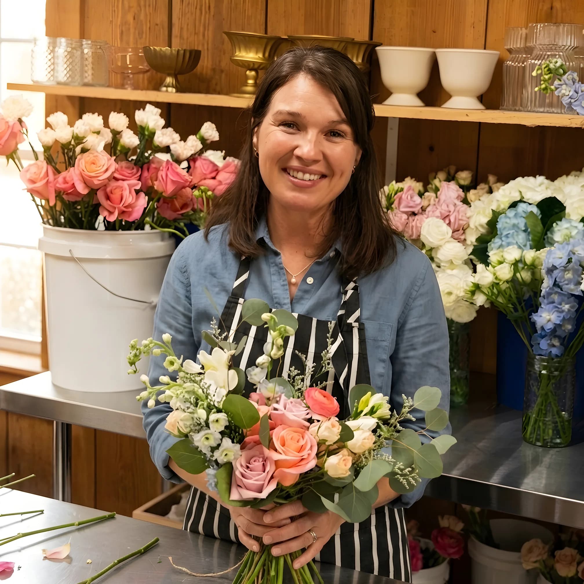 Heather Headley holding a bouquet of tulips and ranunculus in her greenhouse